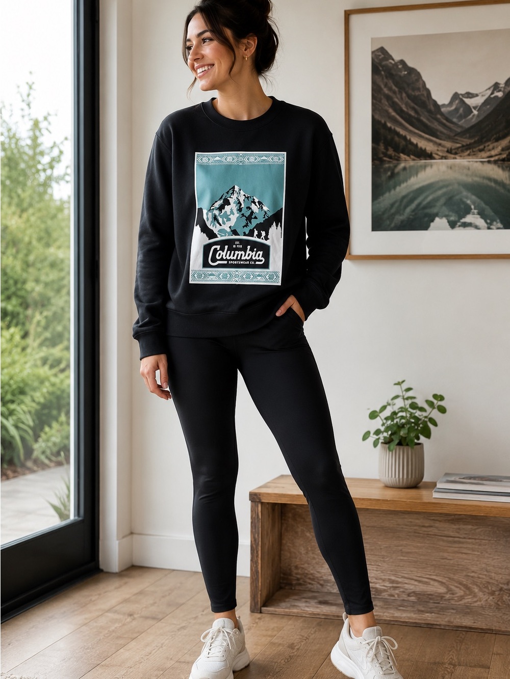 Columbia women Black Crewneck Sweatshirt with Teal Mountain Graphic size M New